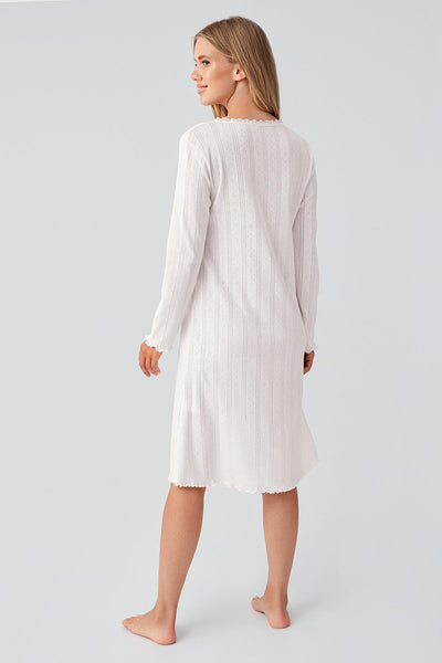 Long Sleeve Buttoned Openwork Flexible Cotton Short Nightgown 18107