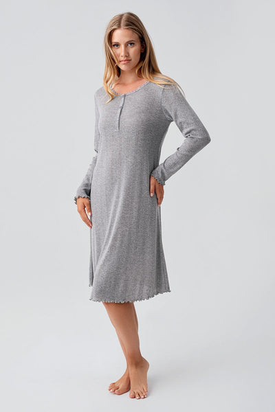 Long Sleeve Buttoned Openwork Flexible Cotton Short Nightgown 18107