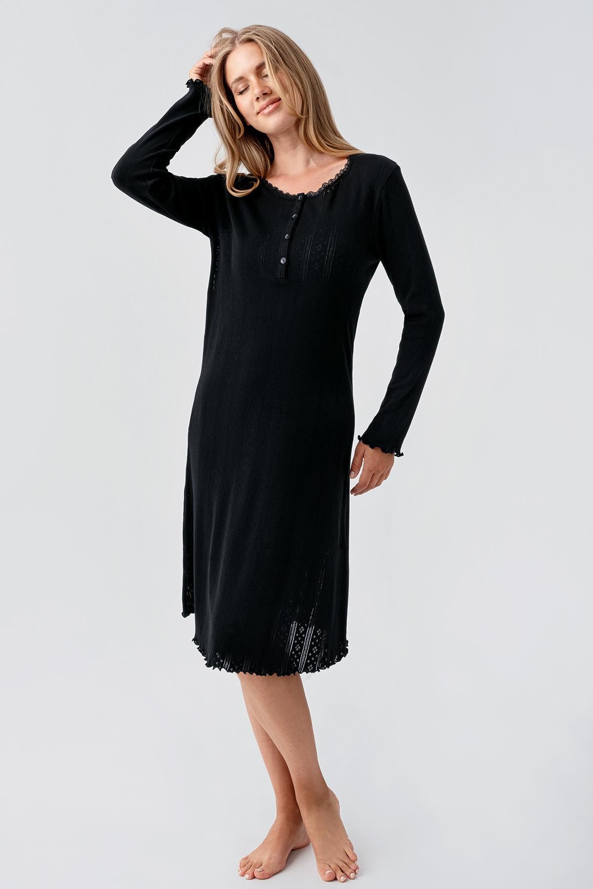 Long Sleeve Buttoned Openwork Flexible Cotton Short Nightgown 18107