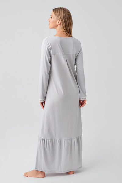 Long Sleeve Buttoned Lace Flexible Cotton Nightgown 18100