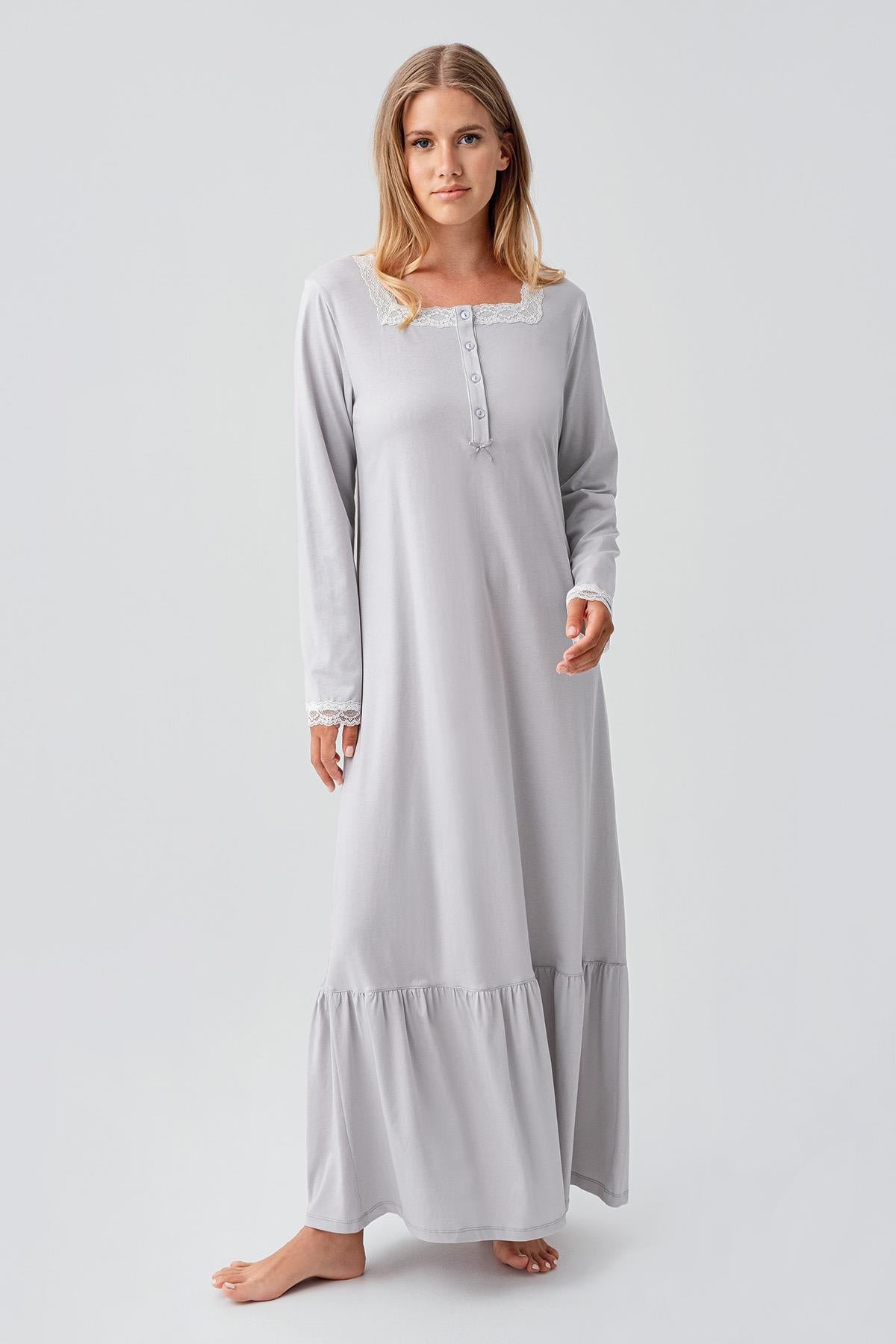 Long Sleeve Buttoned Lace Flexible Cotton Nightgown 18100