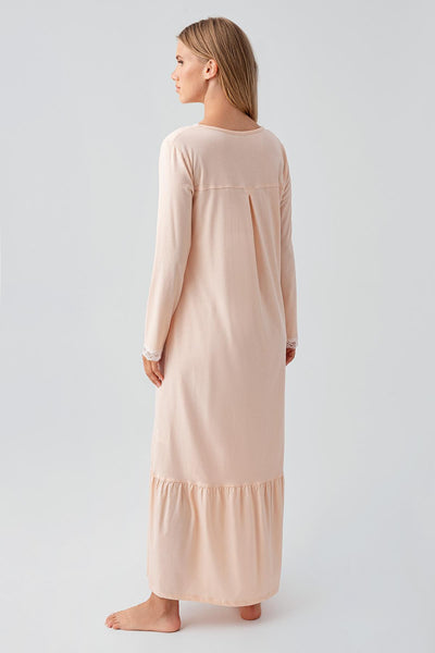 Long Sleeve Buttoned Lace Flexible Cotton Nightgown 18100