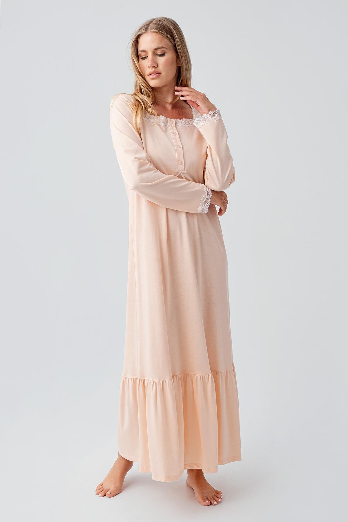 Long Sleeve Buttoned Lace Flexible Cotton Nightgown 18100