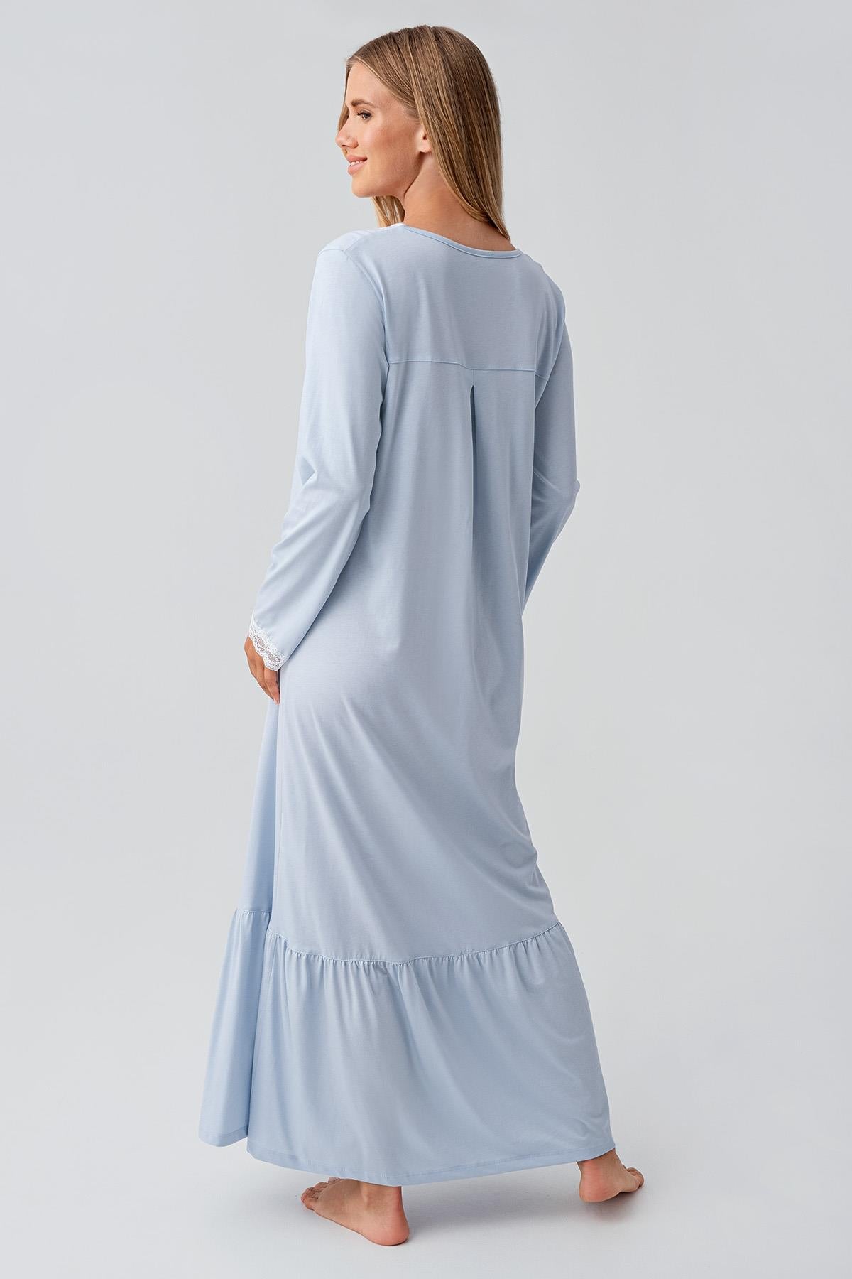 Long Sleeve Buttoned Lace Flexible Cotton Nightgown 18100