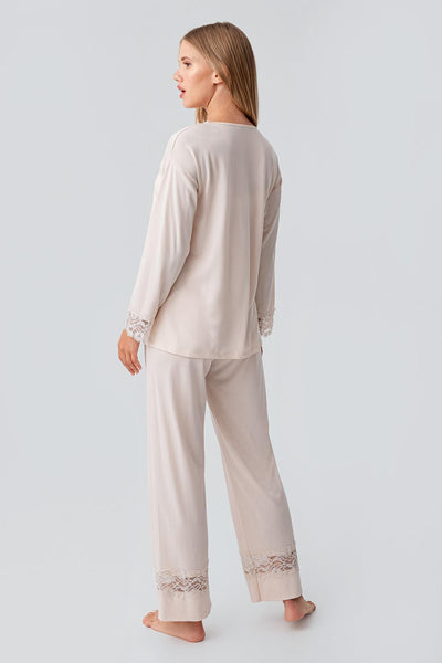 Uzun Kollu Düğmeli Dantelli Esnek Viskoz Pijama Takım 18206