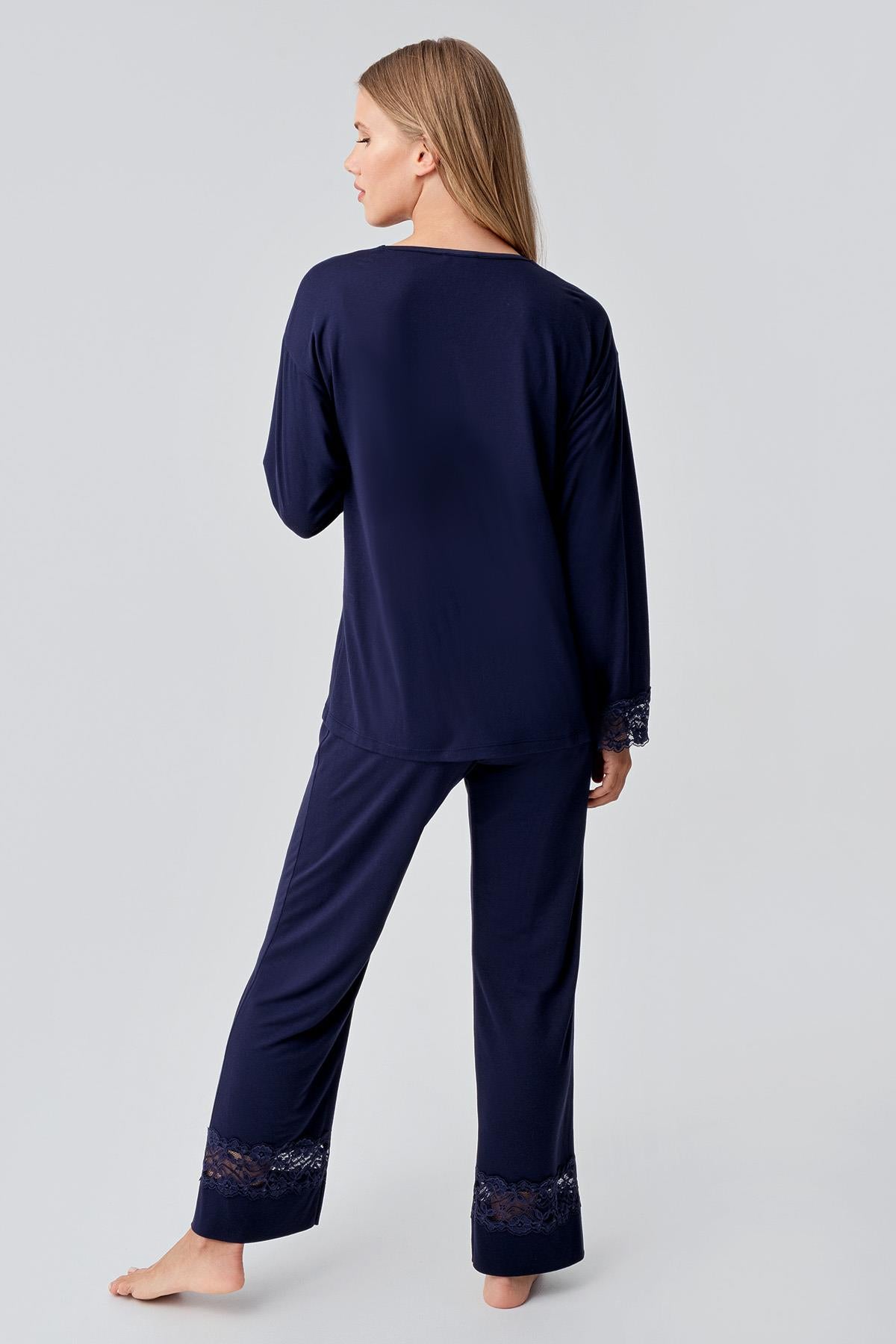 Uzun Kollu Düğmeli Dantelli Esnek Viskoz Pijama Takım 18206