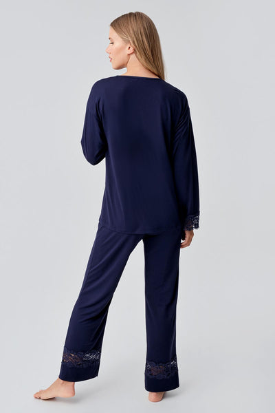Uzun Kollu Düğmeli Dantelli Esnek Viskoz Pijama Takım 18206