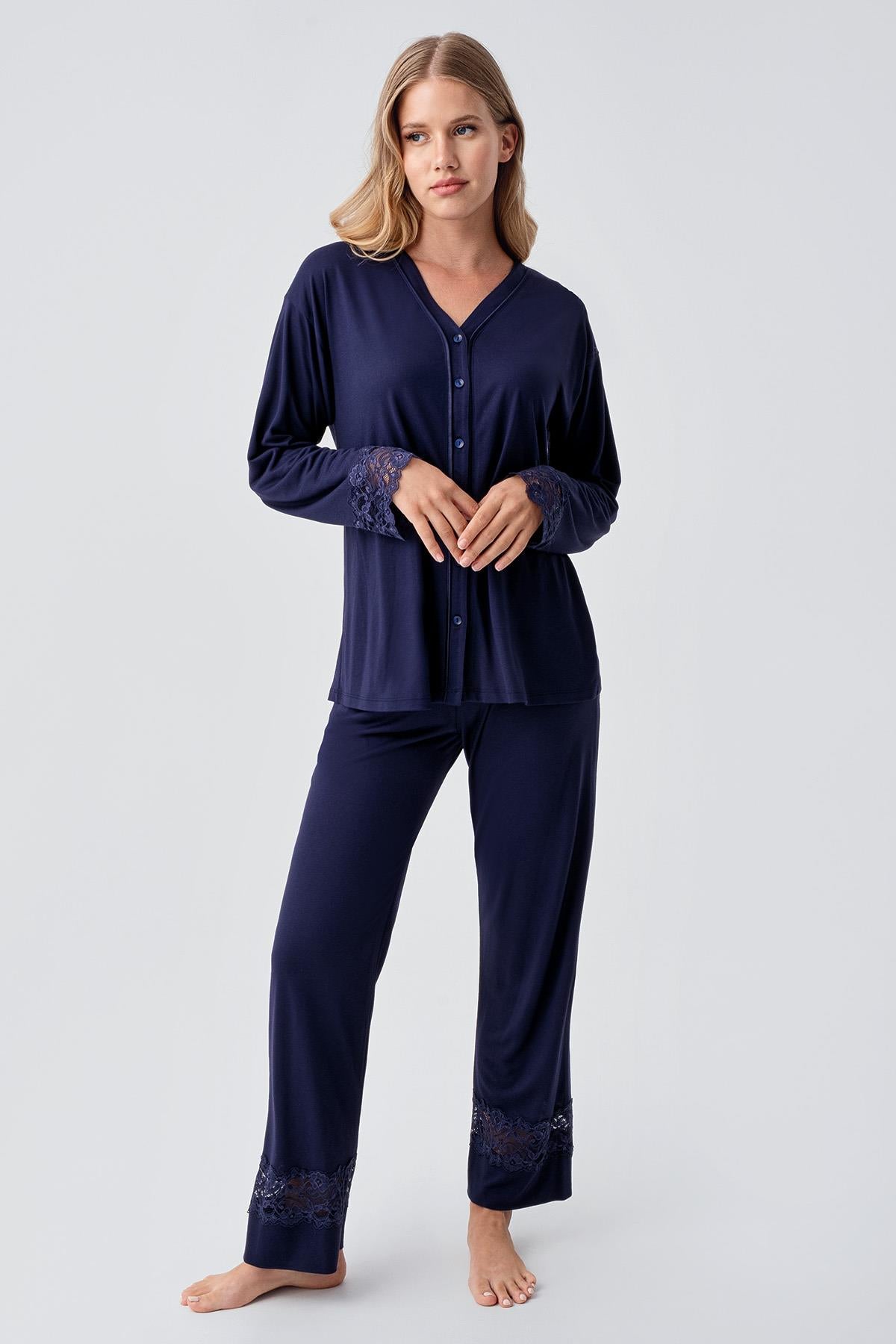 Uzun Kollu Düğmeli Dantelli Esnek Viskoz Pijama Takım 18206