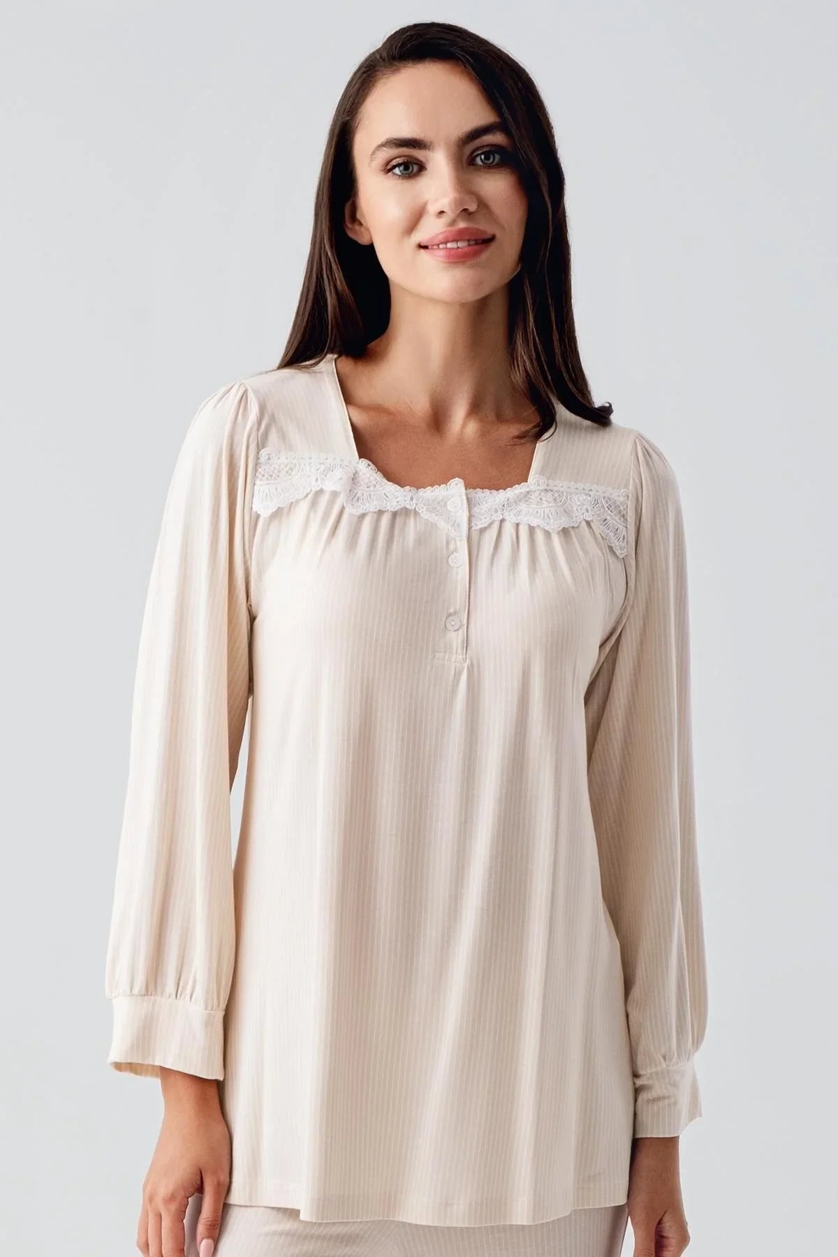 Long-Sleeved Buttoned Lace-Up Stretchy Lycra Viscose Soft Pajama Set 22100