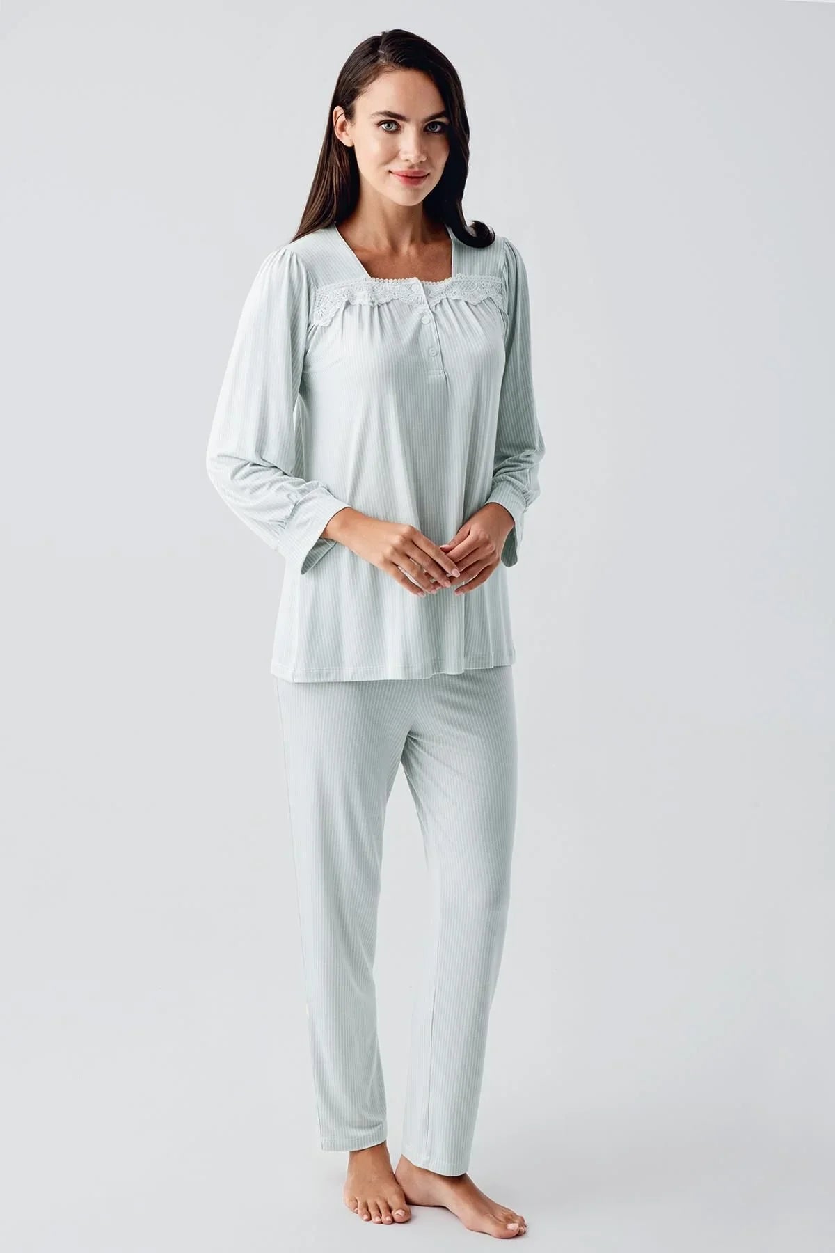 Long-Sleeved Buttoned Lace-Up Stretchy Lycra Viscose Soft Pajama Set 22100