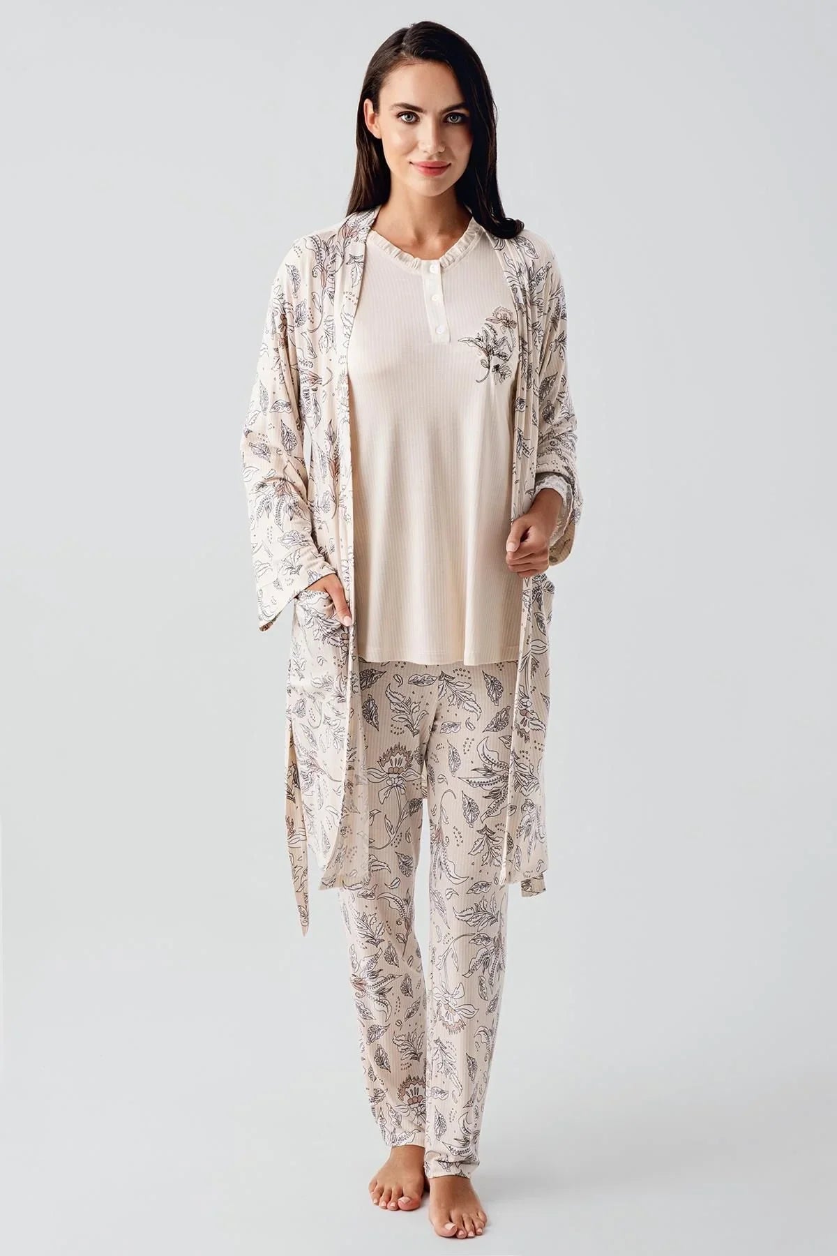 Uzun Kollu Düğmeli Desenli Esnek Viskoz Hamile Sabahlık Pijama Takım 23100