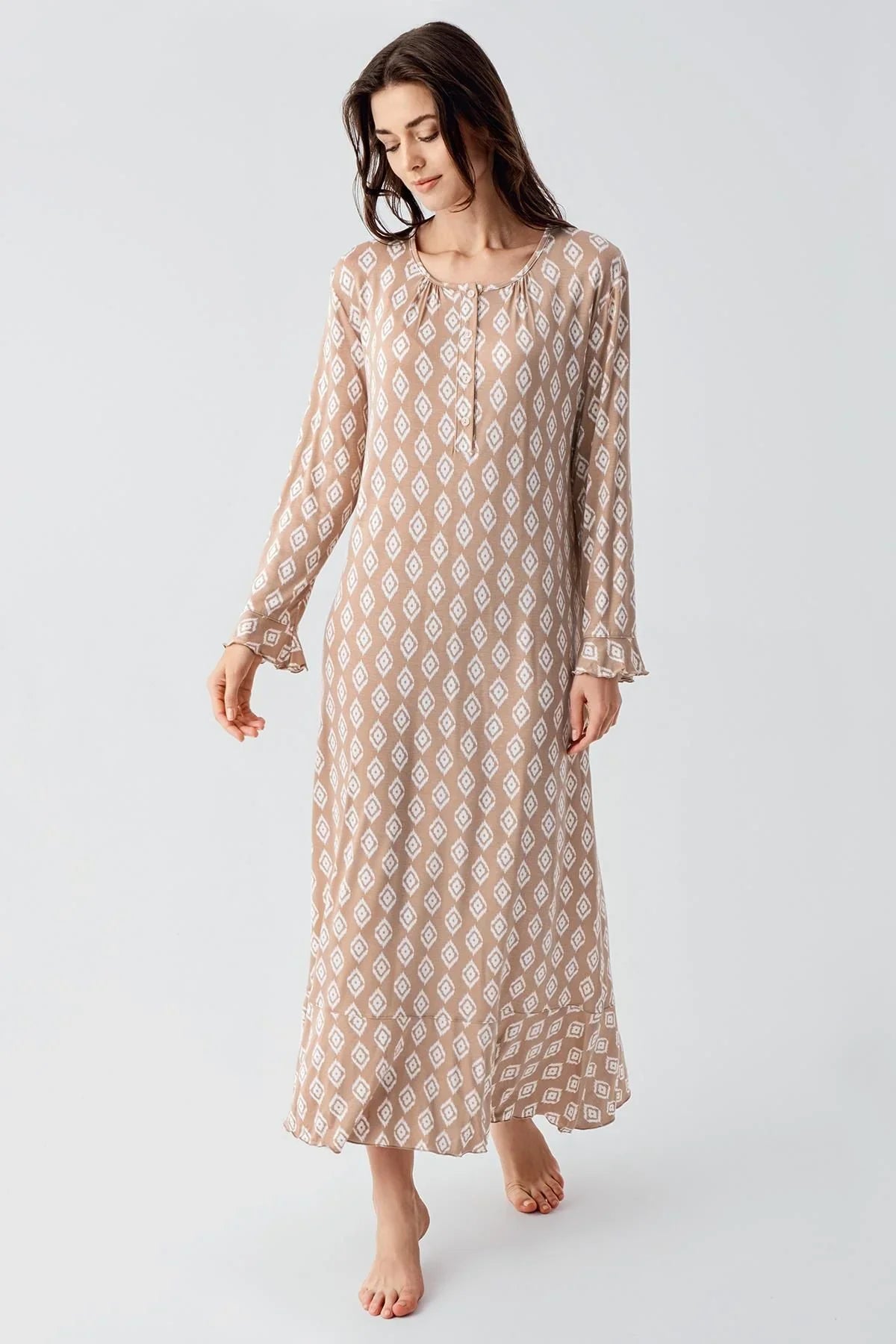 Long Sleeve Buttoned Patterned Viscose Flexible Nightgown 21101