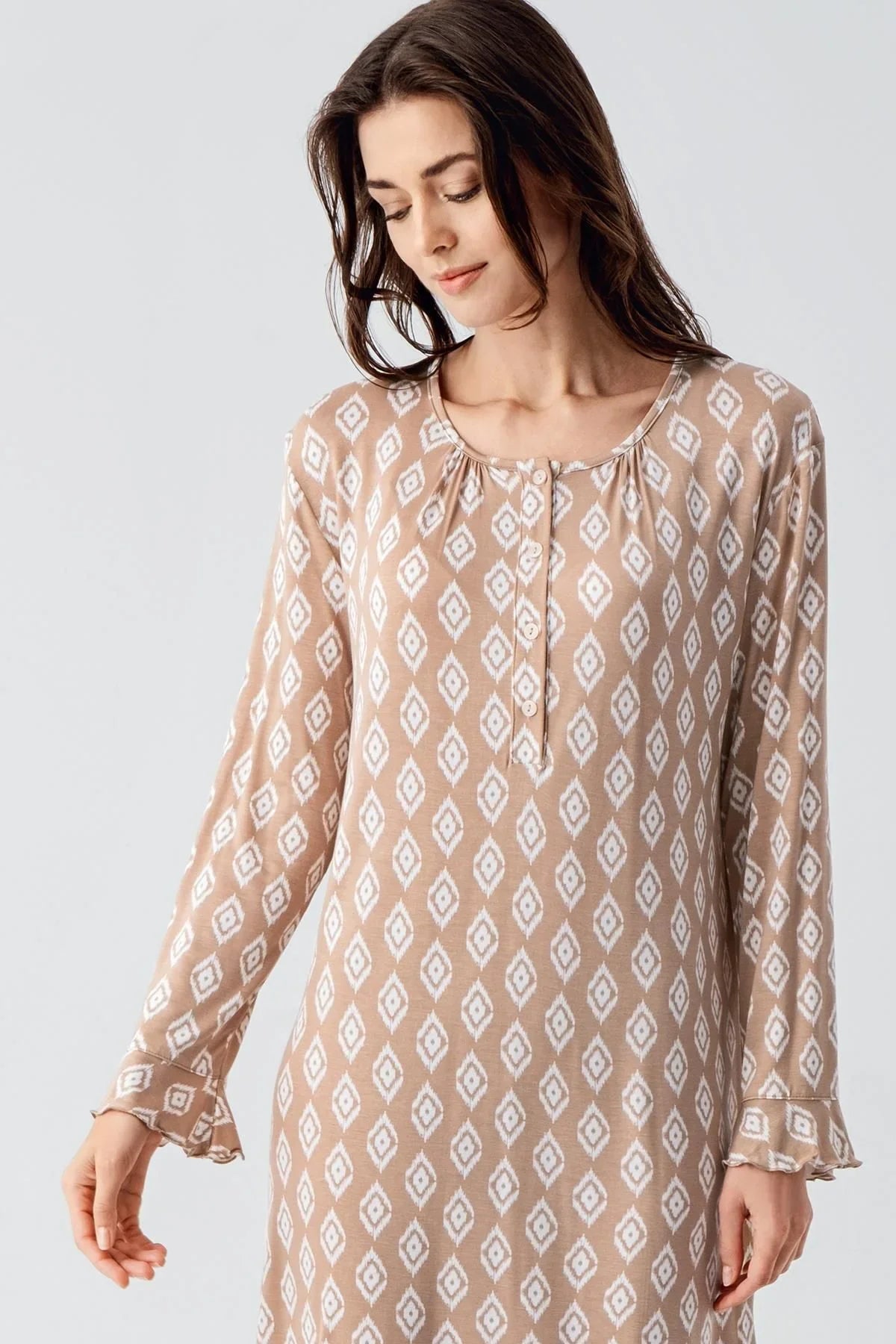 Long Sleeve Buttoned Patterned Viscose Flexible Nightgown 21101