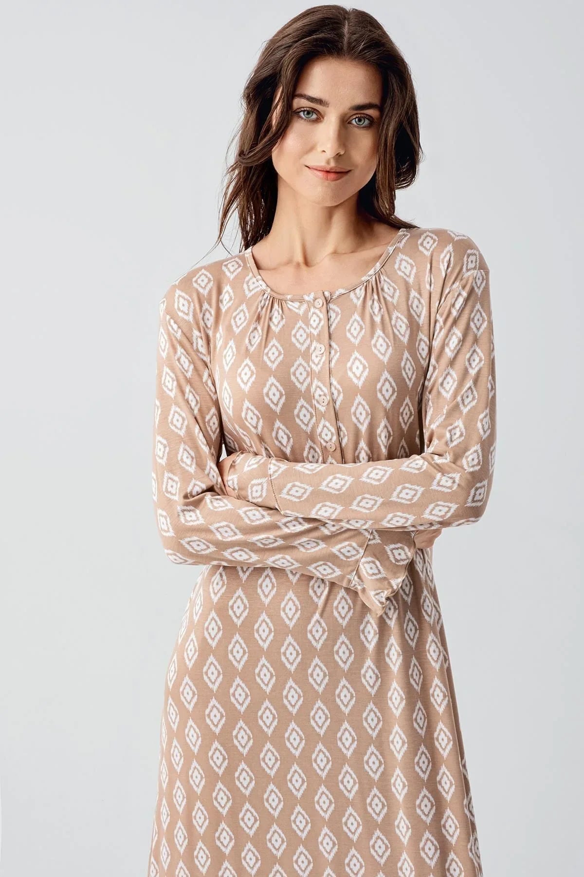 Long Sleeve Buttoned Patterned Viscose Flexible Nightgown 21101