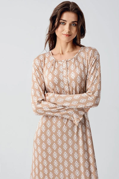 Long Sleeve Buttoned Patterned Viscose Flexible Nightgown 21101