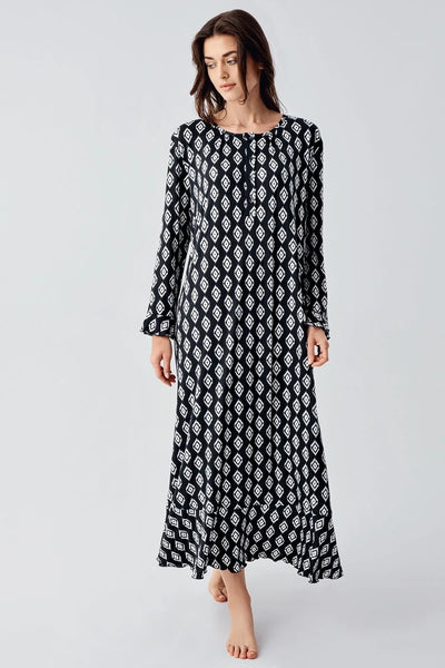 Long Sleeve Buttoned Patterned Viscose Flexible Nightgown 21101
