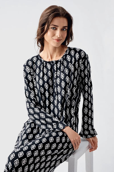 Long Sleeve Buttoned Patterned Viscose Flexible Nightgown 21101