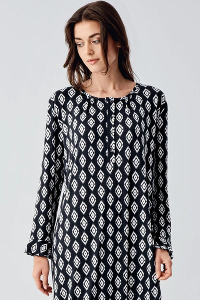 Long Sleeve Buttoned Patterned Viscose Flexible Nightgown 21101