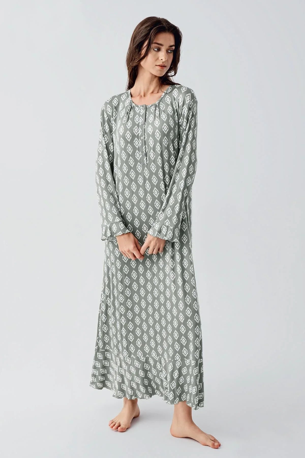 Long Sleeve Buttoned Patterned Viscose Flexible Nightgown 21101