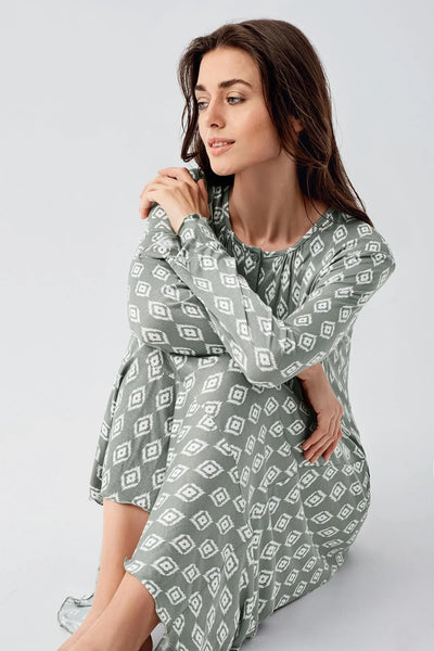 Long Sleeve Buttoned Patterned Viscose Flexible Nightgown 21101