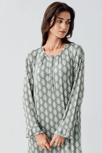 Long Sleeve Buttoned Patterned Viscose Flexible Nightgown 21101