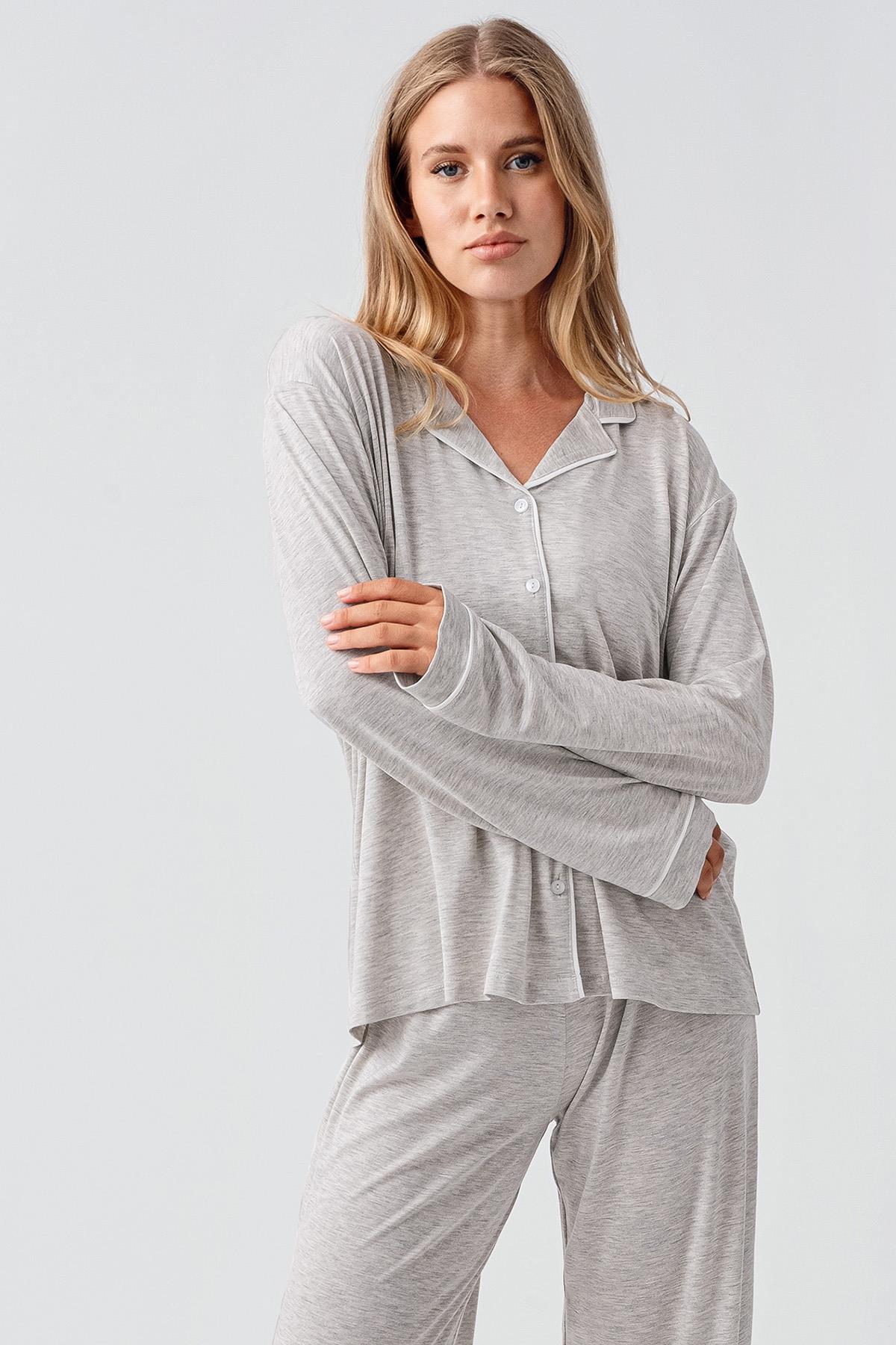 Long Sleeve Buttoned Flexible Viscose Pajama Set 18207