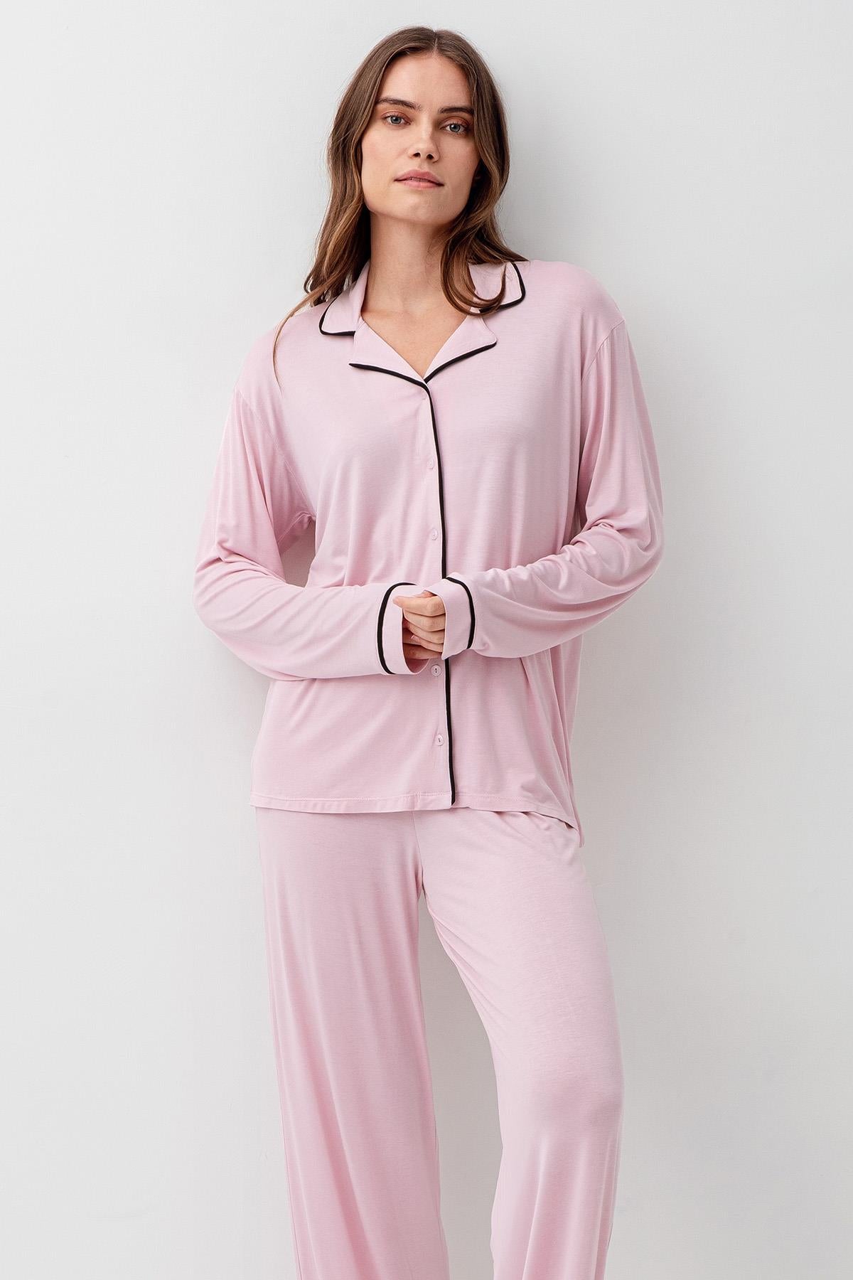 Long Sleeve Buttoned Flexible Viscose Pajama Set 18207