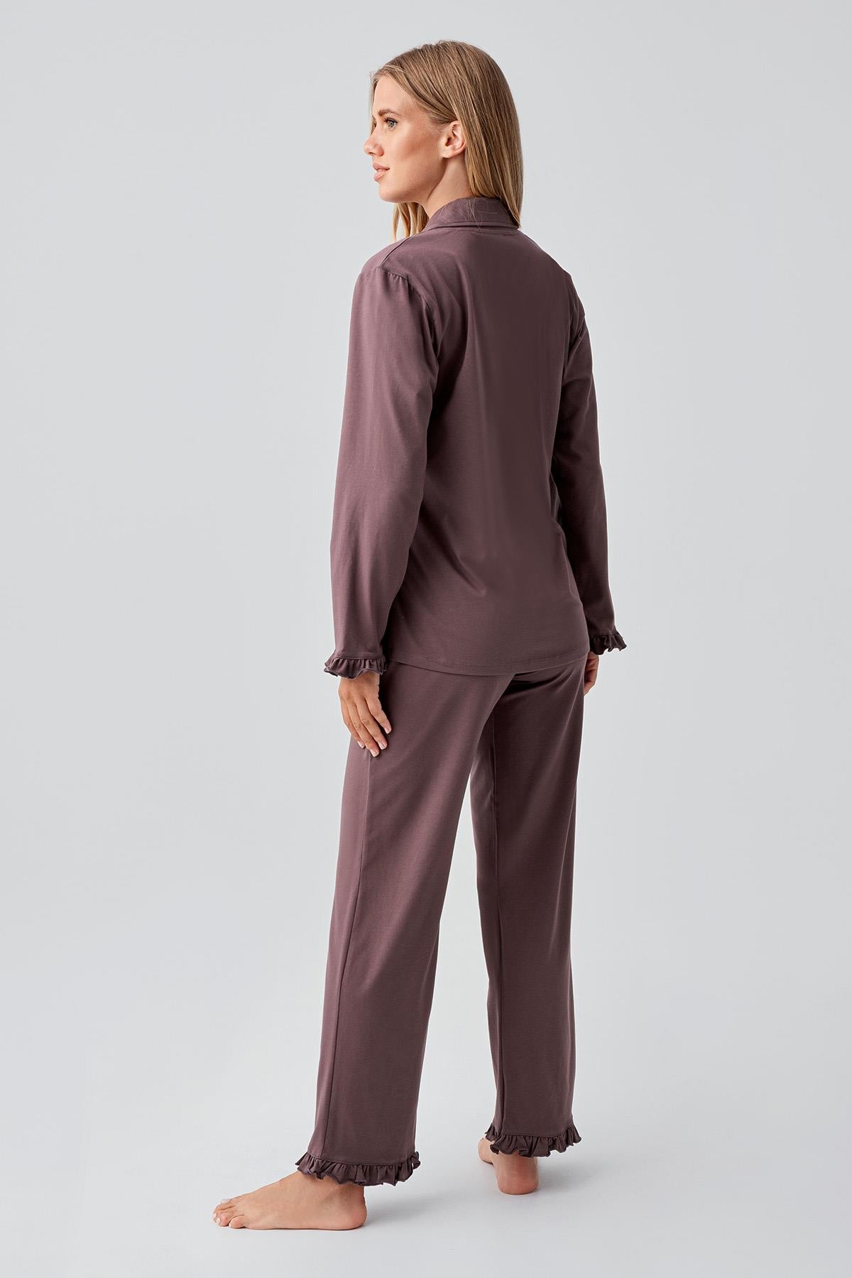 Long Sleeve Buttoned Flexible Cotton Pajama Set 18203