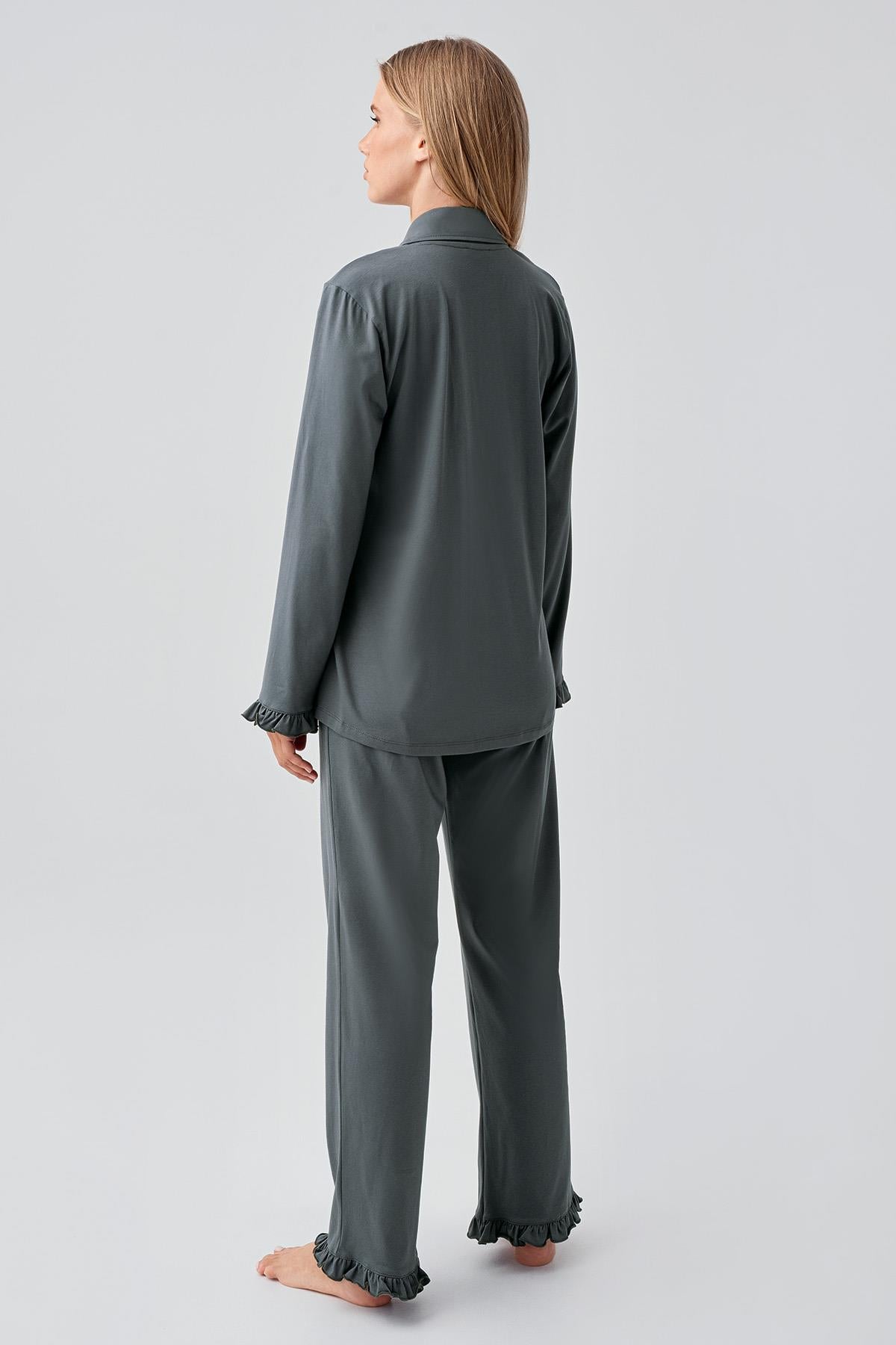 Long Sleeve Buttoned Flexible Cotton Pajama Set 18203