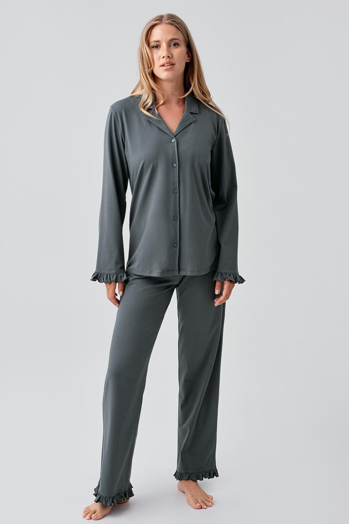 Long Sleeve Buttoned Flexible Cotton Pajama Set 18203