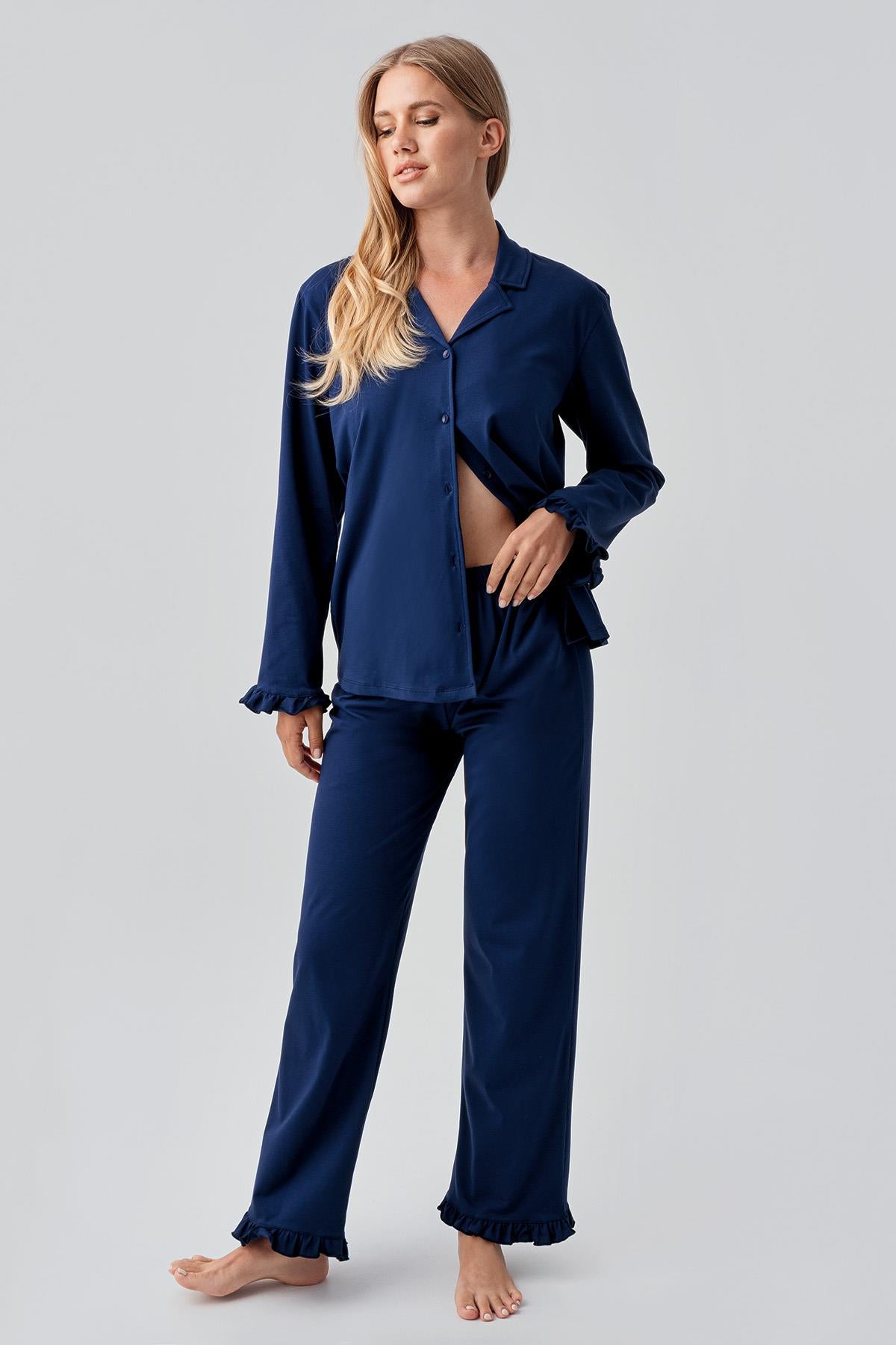 Long Sleeve Buttoned Flexible Cotton Pajama Set 18203