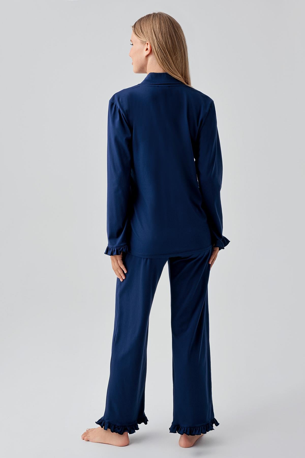 Long Sleeve Buttoned Flexible Cotton Pajama Set 18203