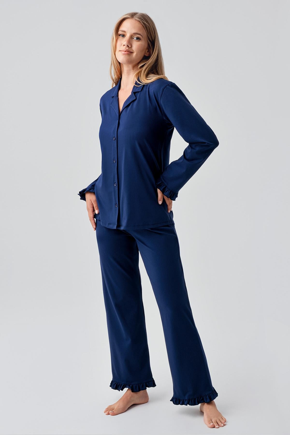 Long Sleeve Buttoned Flexible Cotton Pajama Set 18203