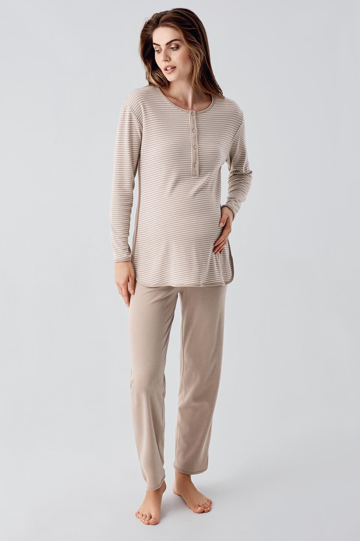 Long Sleeve Buttoned Flexible Raised Viscose Maternity Pajama Set 22103