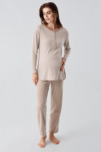 Long Sleeve Buttoned Flexible Raised Viscose Maternity Pajama Set 22103