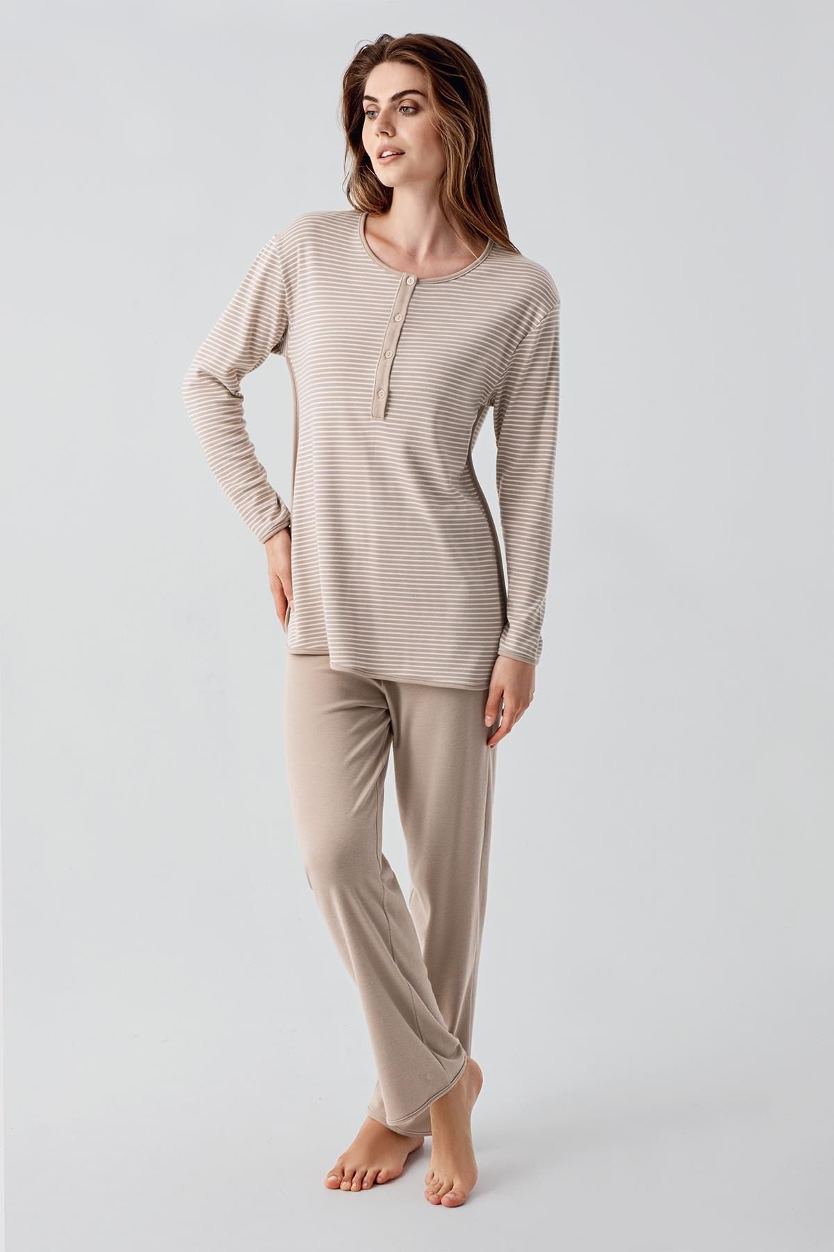 Long Sleeve Buttoned Flexible Raised Viscose Maternity Pajama Set 22103