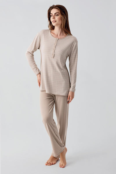 Long Sleeve Buttoned Flexible Raised Viscose Maternity Pajama Set 22103