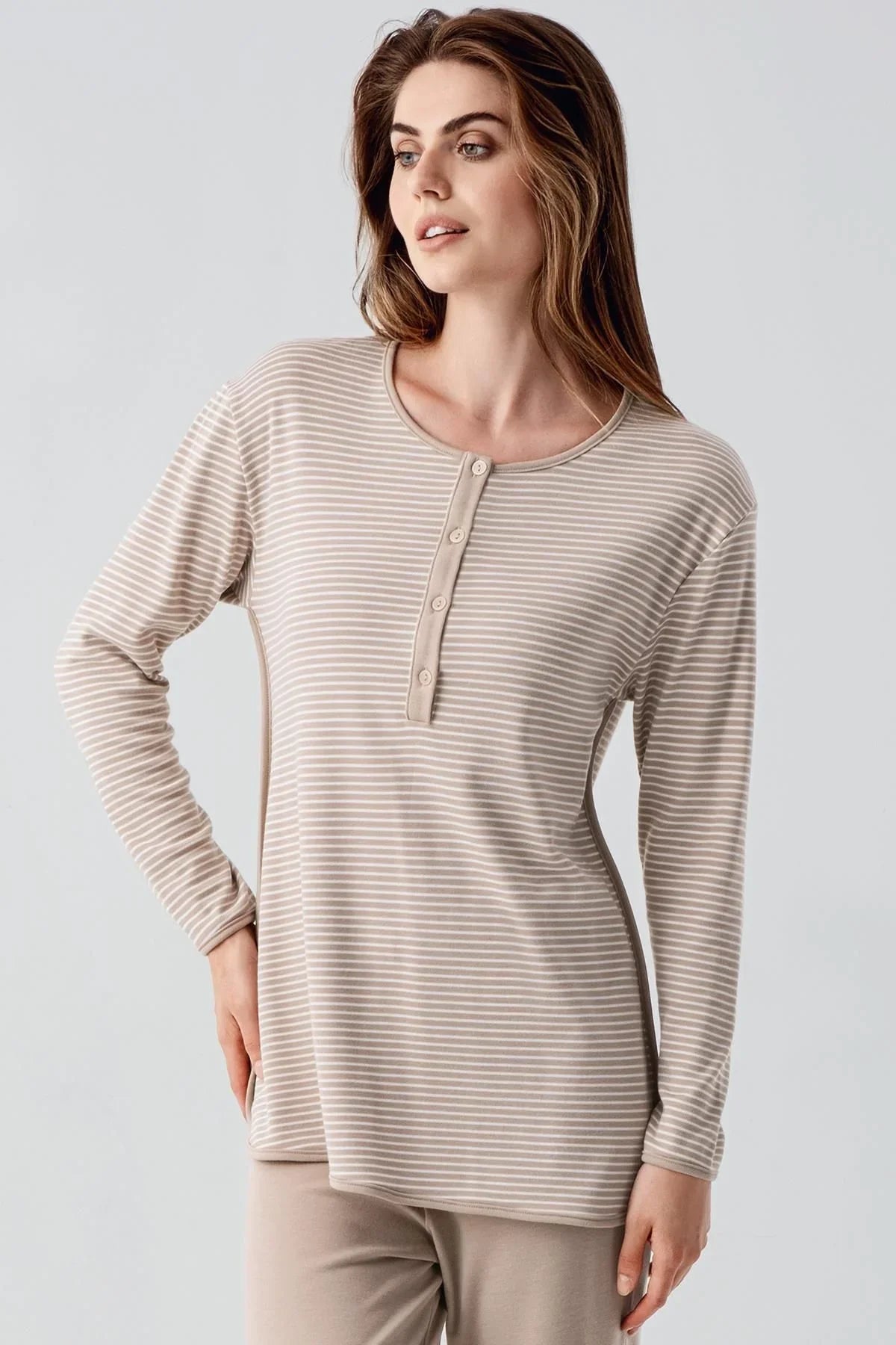 Uzun Kollu Düğmeli Esnek Şardonlu Viskoz Hamile Pijama Takım 22103 - Artış Collection