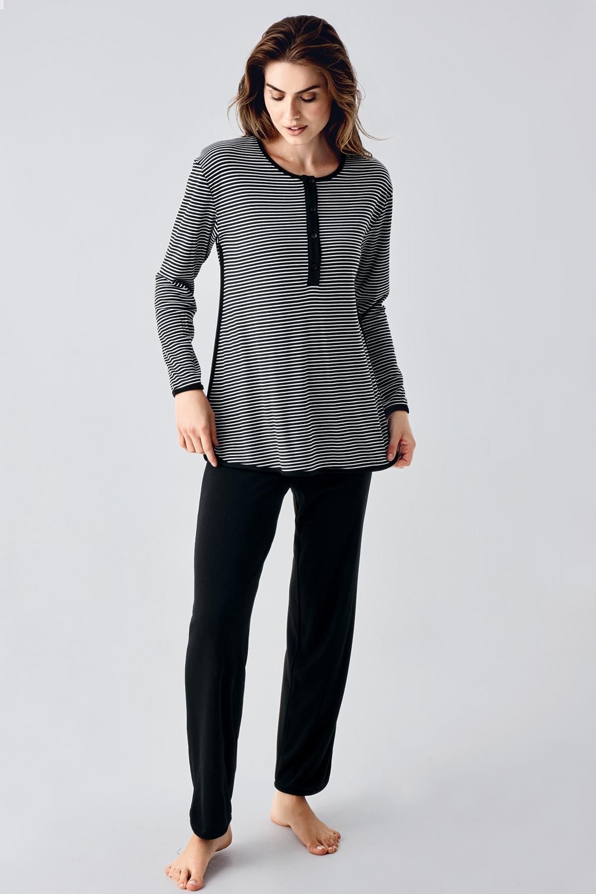 Long Sleeve Buttoned Flexible Raised Viscose Maternity Pajama Set 22103