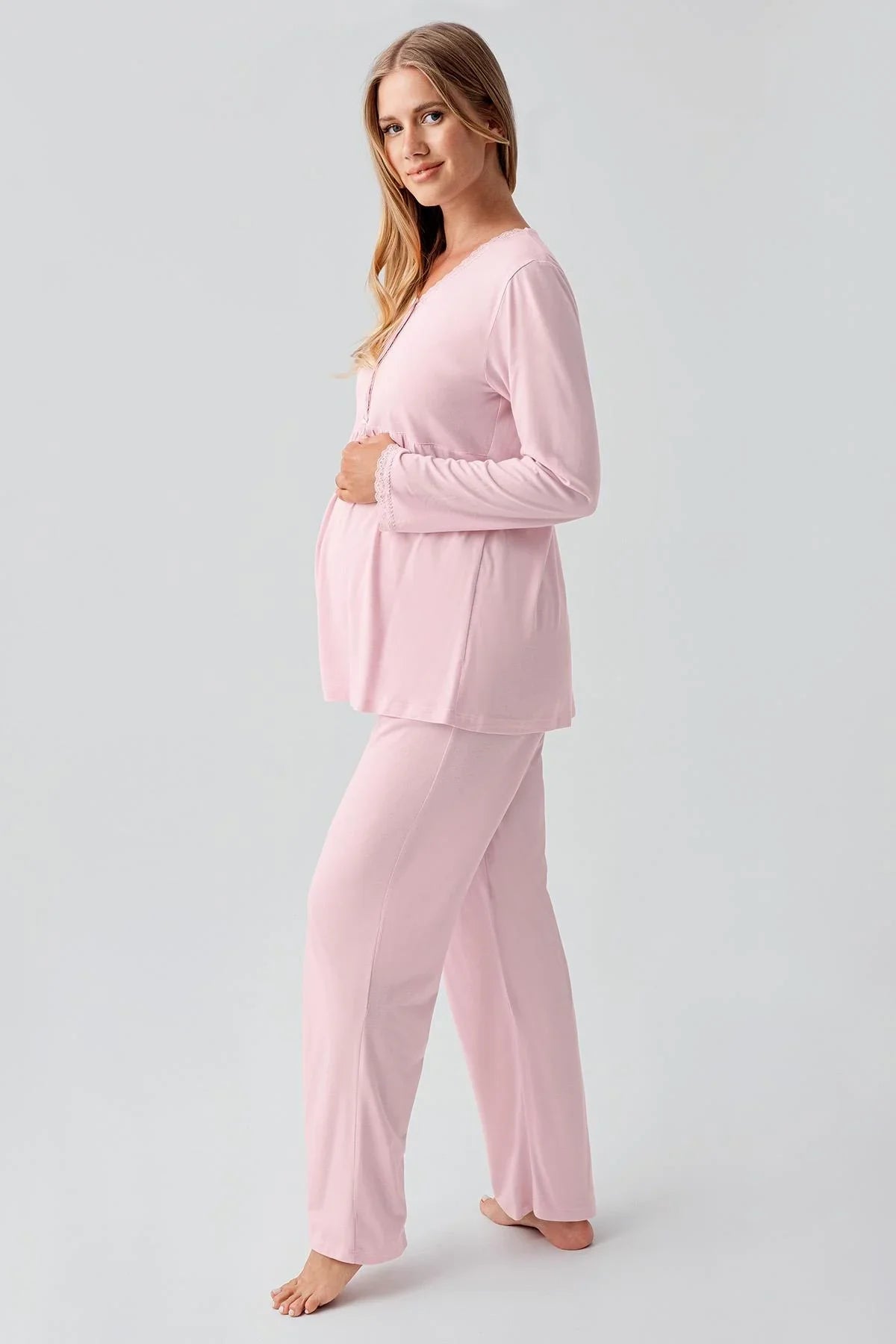 Uzun Kollu Düğmeli Esnek Viskoz Hamile Sabahlık Pijama Takım 18302