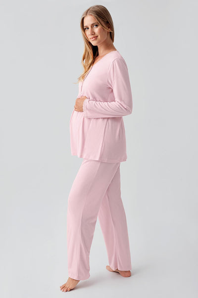 Long Sleeve Buttoned Flexible Viscose Maternity Dressing Gown Pajama Set 18302