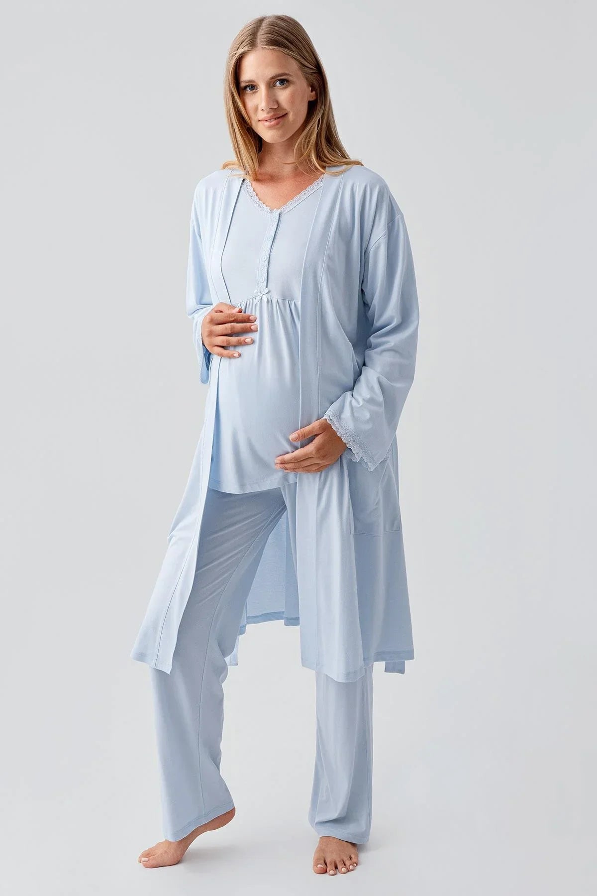 Uzun Kollu Düğmeli Esnek Viskoz Hamile Sabahlık Pijama Takım 18302