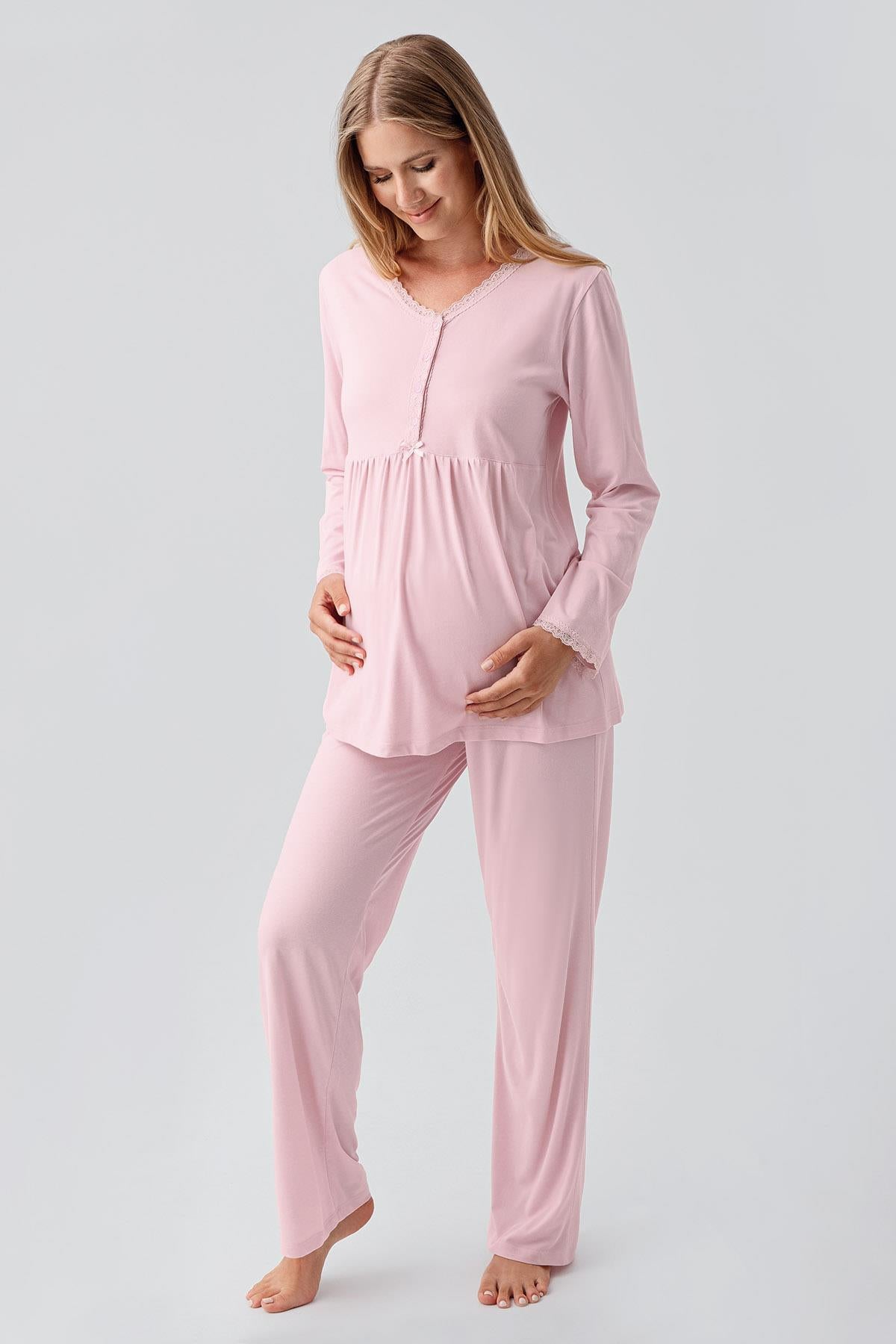 Uzun Kollu Düğmeli Esnek Viskoz Hamile Sabahlık Pijama Takım 18302