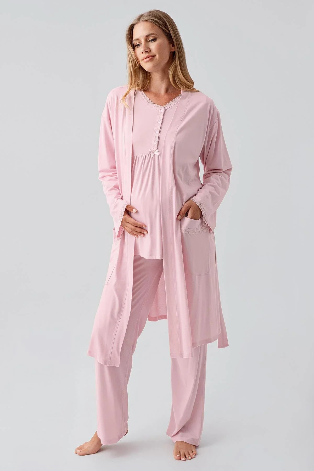 Uzun Kollu Düğmeli Esnek Viskoz Hamile Sabahlık Pijama Takım 18302