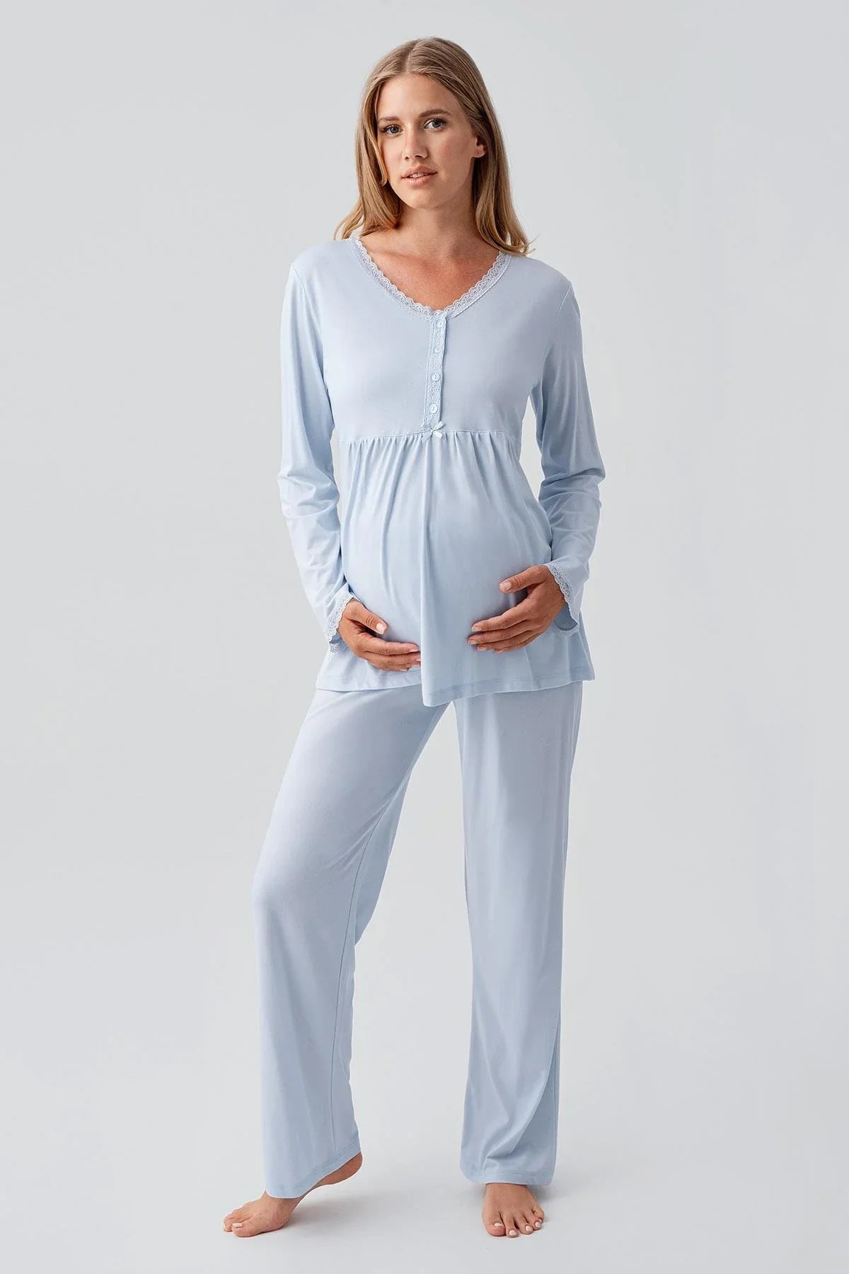 Uzun Kollu Düğmeli Esnek Viskoz Hamile Sabahlık Pijama Takım 18302