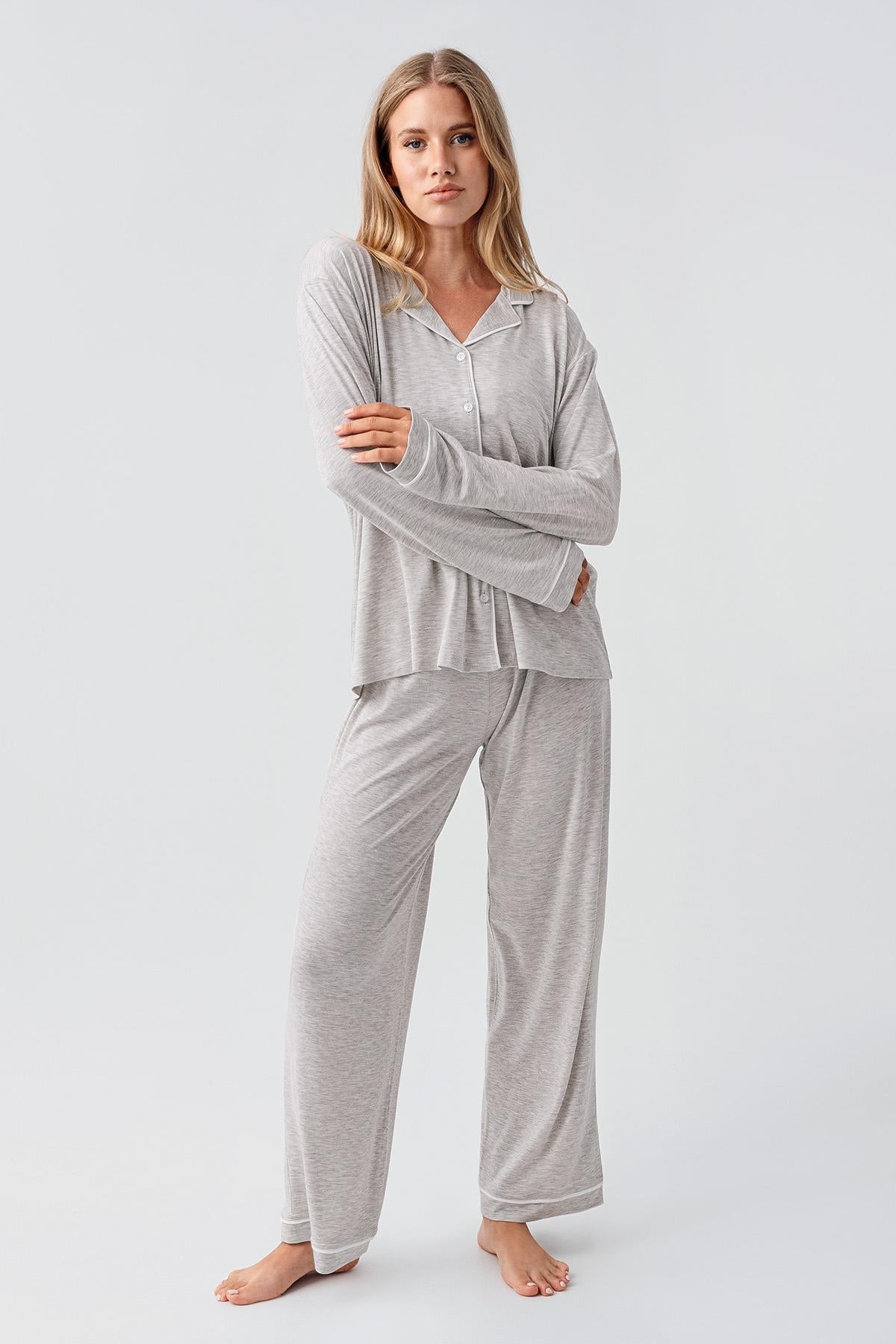 Long Sleeve Buttoned Flexible Viscose Pajama Set 18207