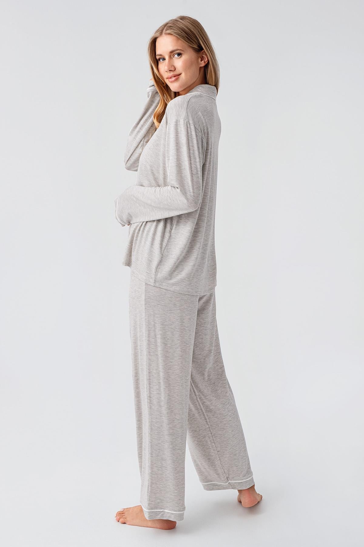Long Sleeve Buttoned Flexible Viscose Pajama Set 18207