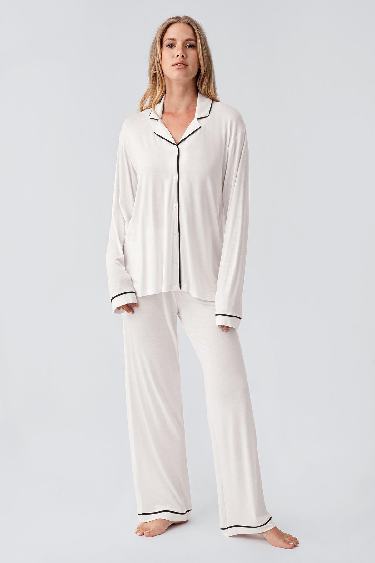 Long Sleeve Buttoned Flexible Viscose Pajama Set 18207
