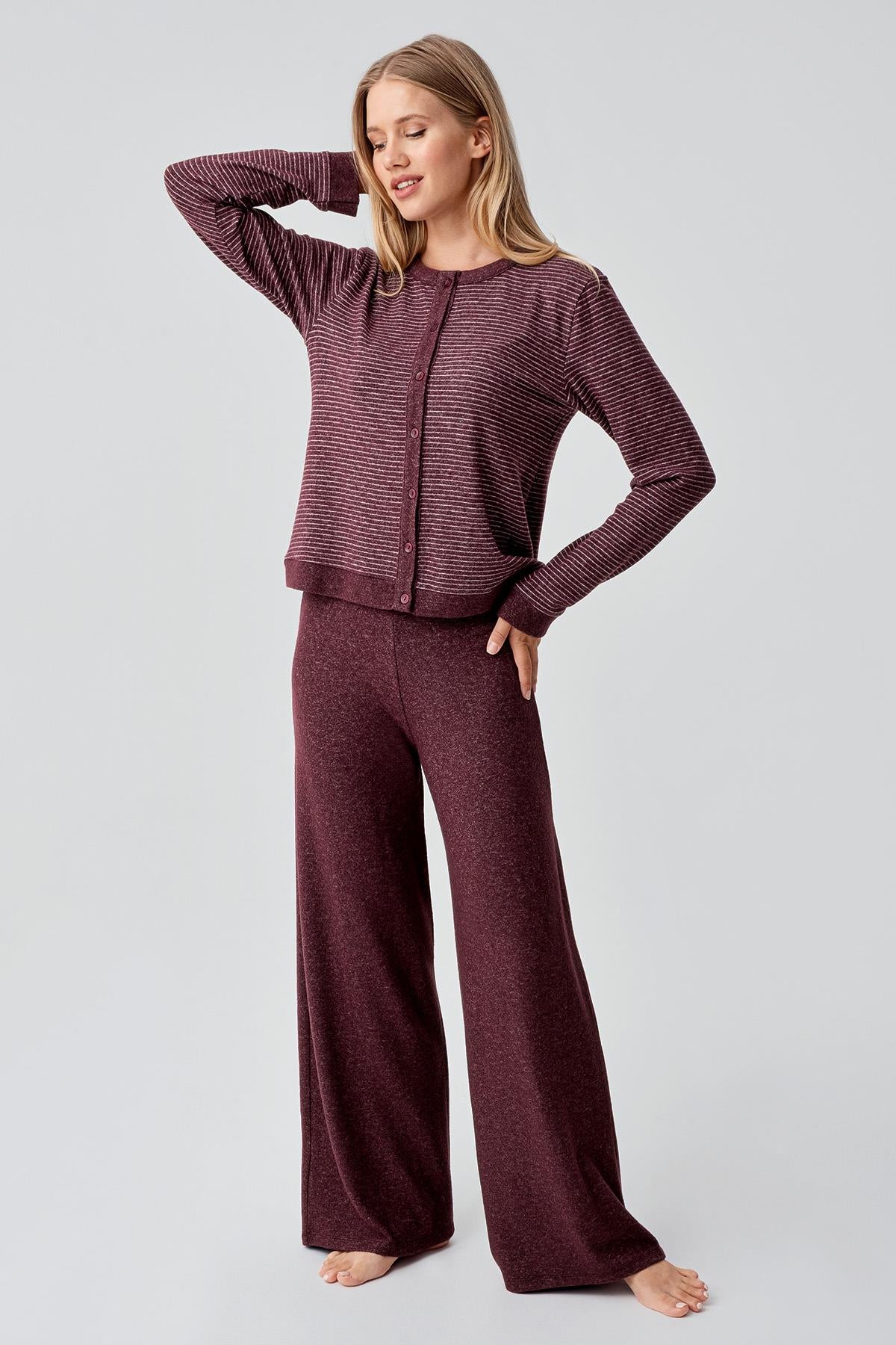 Uzun Kollu Düğmeli Esnek Yumuşak Dokulu Viskoz Pijama Takım 18204
