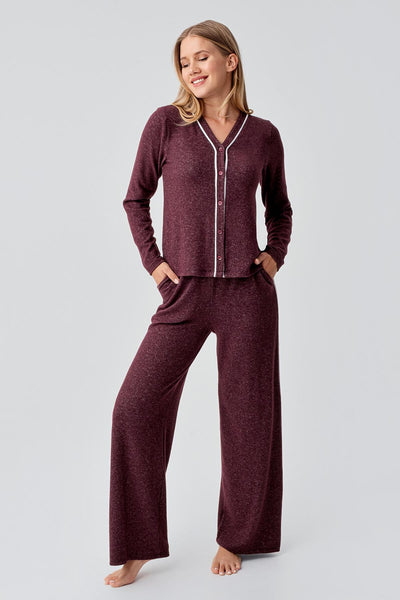 Long Sleeve Buttoned Flexible Soft Texture Viscose Pajama Set 18205